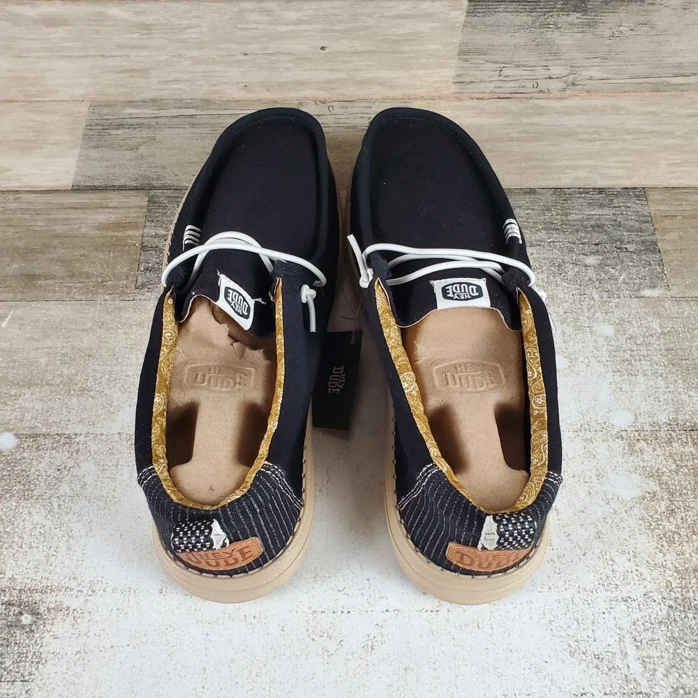 Hey Dude Wally Hickory Denim Mens Loafers Shoes Sz 9 Black Tan Comfort Round Toe